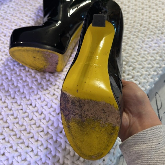 YSL AUTHENTIC Boots black patent high heeled booties with yellow soles! - Picture 4 of 13